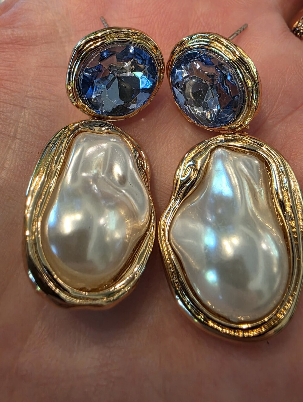 Faux Pearl & Blue Gem Earrings